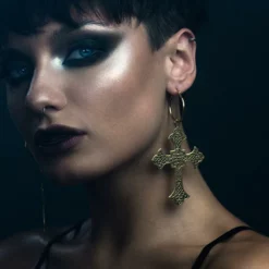 End Of Line OPHELIA. Gothic Cross Hoop Earrings - Gold