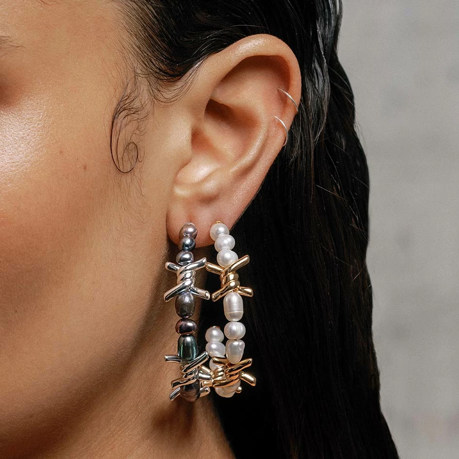 SS22 RUTHLESS. Barbed Wire & Ivory Pearl Hoop Earrings - Gold 3 SS22 RUTHLESS. Barbed Wire & Ivory Pearl Hoop Earrings - Gold