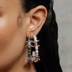 SS22 RUTHLESS. Barbed Wire & Black Pearl Large Hoop Earrings - Silver