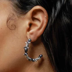 SS22 RUTHLESS. Barbed Wire & Black Pearl Hoop Earrings - Silver