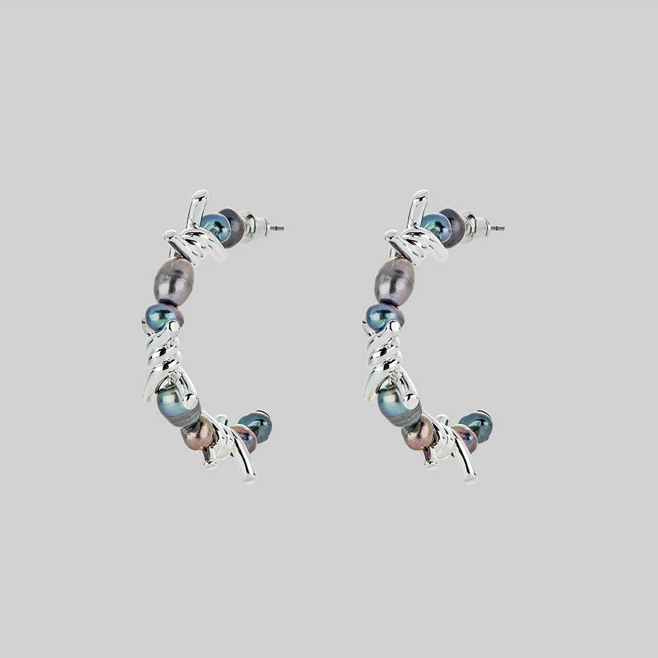 SS22 RUTHLESS. Barbed Wire & Black Pearl Hoop Earrings - Silver 1 SS22 RUTHLESS. Barbed Wire & Black Pearl Hoop Earrings - Silver