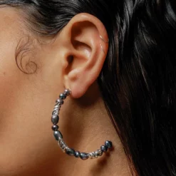 SS22 RUTHLESS. Barbed Wire & Black Pearl Large Hoop Earrings - Silver