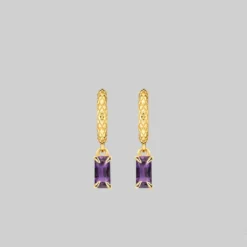 CLASSICS NYMPH. Dangly Amethyst Rectangle Hoop Earrings - Gold 10 CLASSICS NYMPH. Dangly Amethyst Rectangle Hoop Earrings - Gold