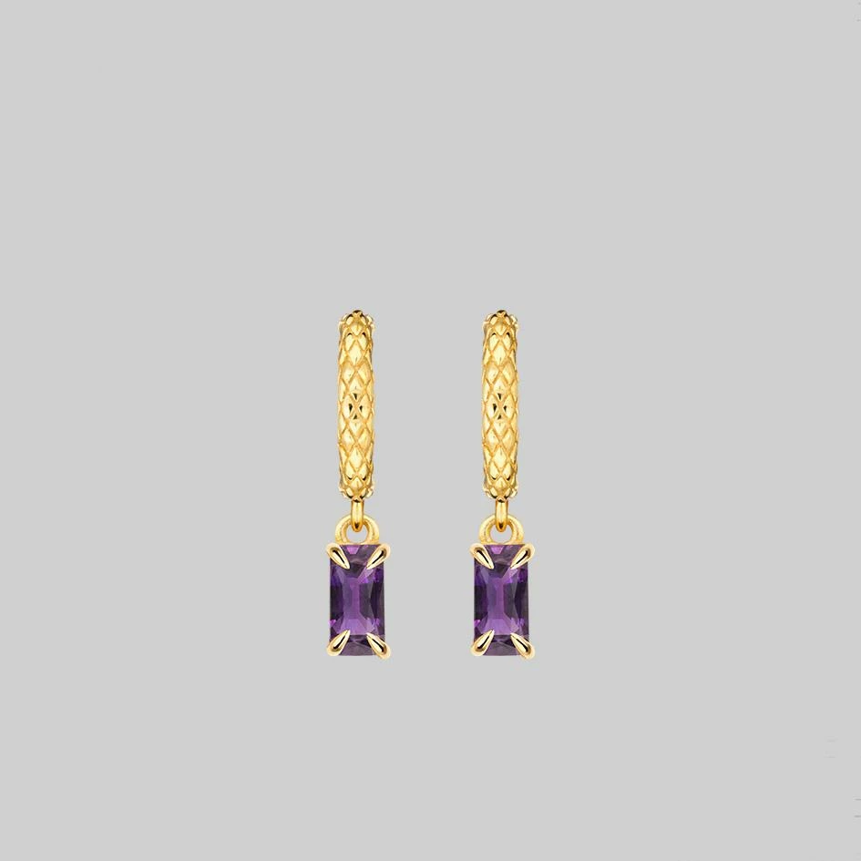 CLASSICS NYMPH. Dangly Amethyst Rectangle Hoop Earrings - Gold 3 CLASSICS NYMPH. Dangly Amethyst Rectangle Hoop Earrings - Gold