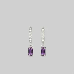 CLASSICS NYMPH. Dangly Amethyst Rectangle Hoop Earrings - Silver