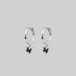 CLASSICS HEART & SOUL. Black Spinel Dangly Heart Hoop Earrings - Silver