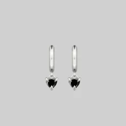 CLASSICS HEART & SOUL. Black Spinel Dangly Heart Hoop Earrings - Silver