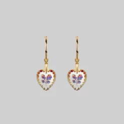 End Of Line NANCY. Two Roses Engraved Glass Heart Earrings - Gold