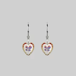 End Of Line NANCY. Two Roses Engraved Glass Heart Earrings - Silver