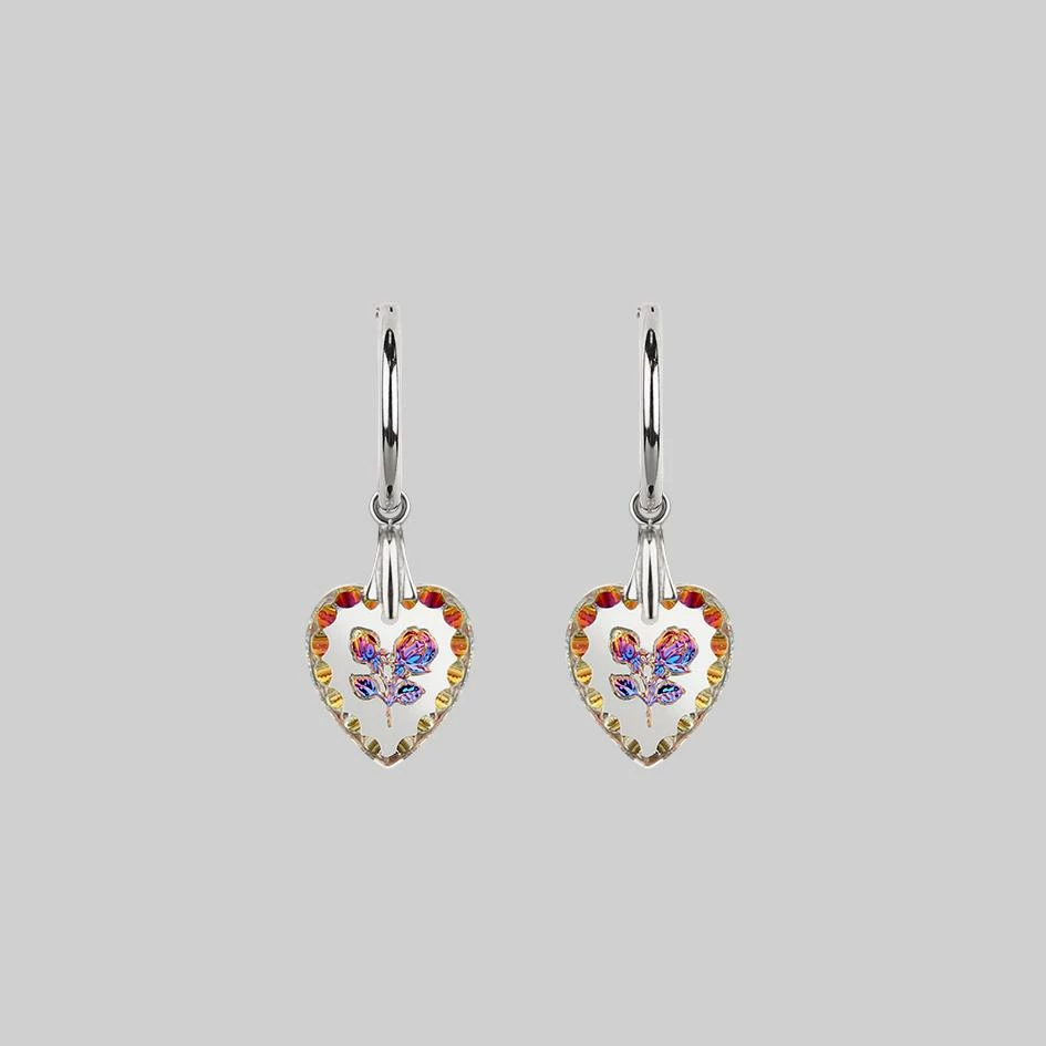 End Of Line NANCY. Two Roses Engraved Glass Heart Earrings - Silver 2 End Of Line NANCY. Two Roses Engraved Glass Heart Earrings - Silver