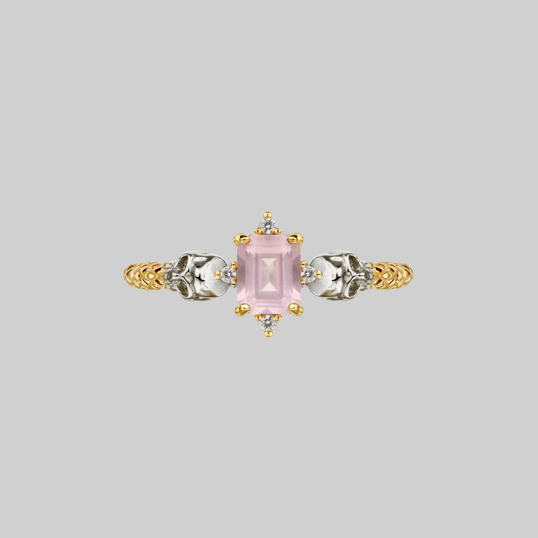 VALENTINES 2022 Rings STAR CROSSED LOVERS. Rose Quartz & Skulls Ring - Gold 1 VALENTINES 2022 Rings STAR CROSSED LOVERS. Rose Quartz & Skulls Ring - Gold