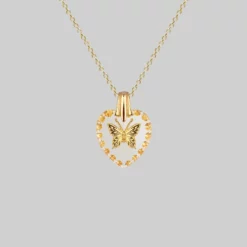 CLASSICS NEW DAWN. Butterfly Engraved Glass Heart Necklace - Gold