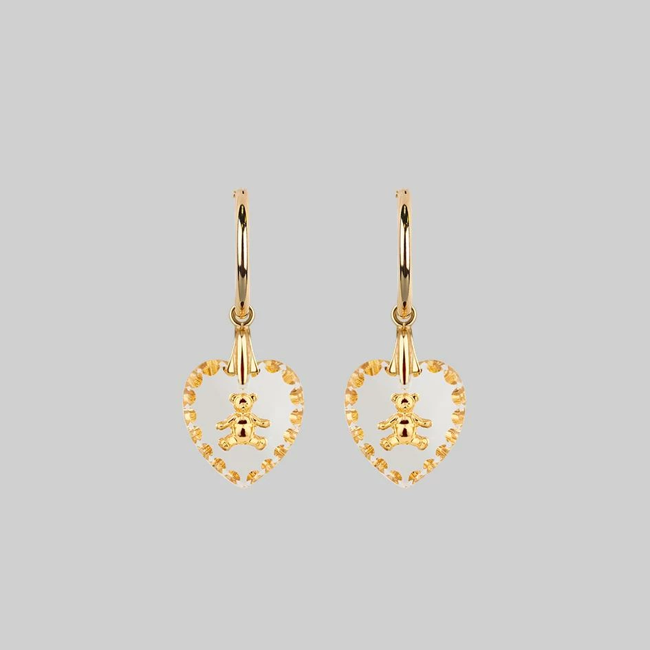 End Of Line MABEL. Teddy Bear Engraved Glass Heart Earrings - Gold 2 End Of Line MABEL. Teddy Bear Engraved Glass Heart Earrings - Gold