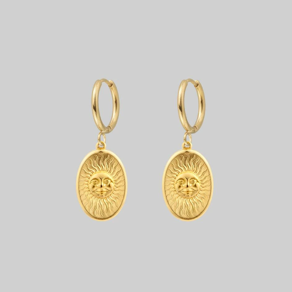 CLASSICS DAWN. Symbolic Sun Face Hoop Earrings - Gold 1 CLASSICS DAWN. Symbolic Sun Face Hoop Earrings - Gold