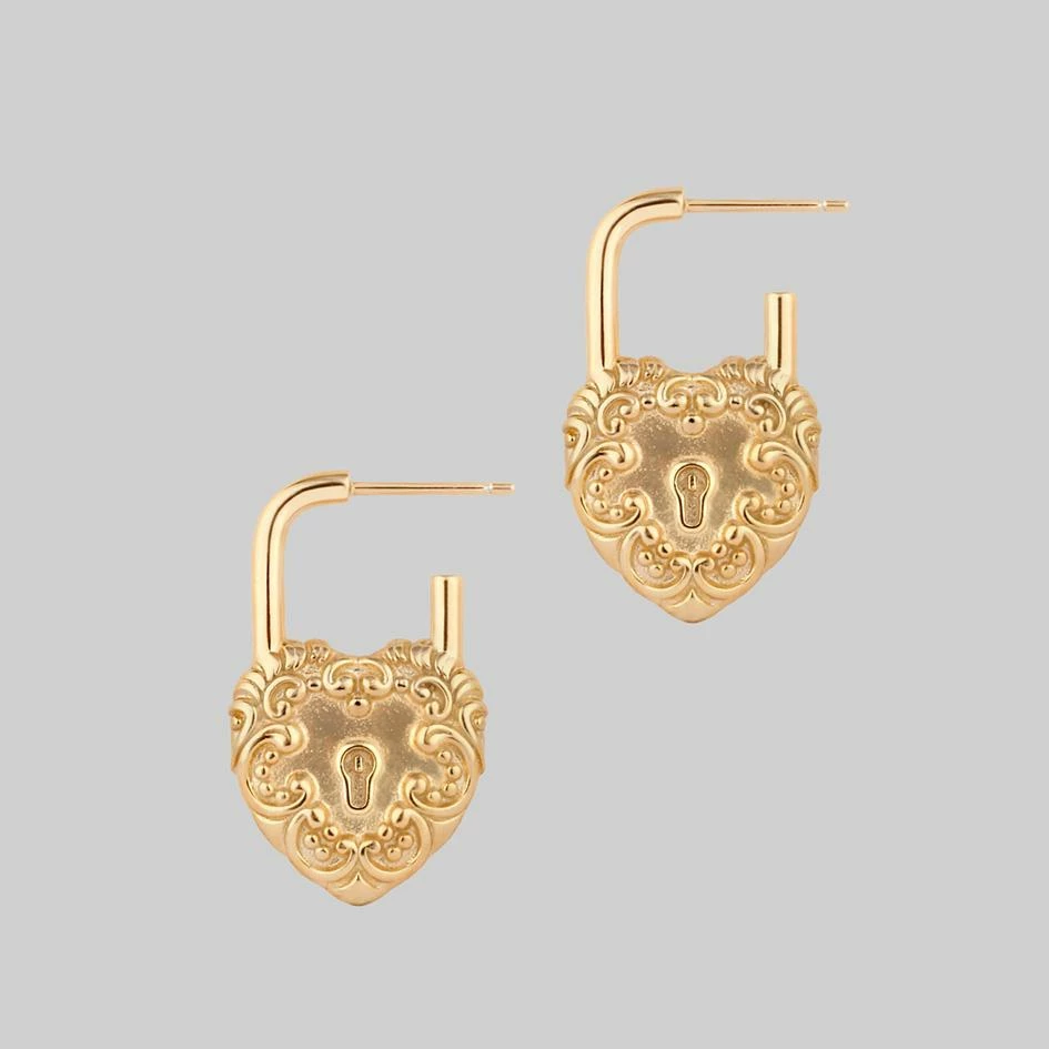 End Of Line KEEPER. Ornate Heart Padlock Gold Earrings 3 End Of Line KEEPER. Ornate Heart Padlock Gold Earrings