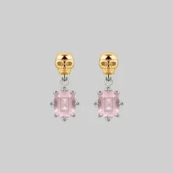 VALENTINES 2022 STAR CROSSED LOVERS. Rose Quartz & Skull Earrings - Silver