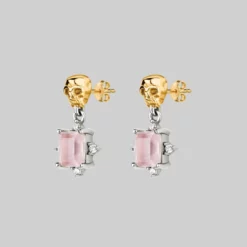 VALENTINES 2022 STAR CROSSED LOVERS. Rose Quartz & Skull Earrings - Silver
