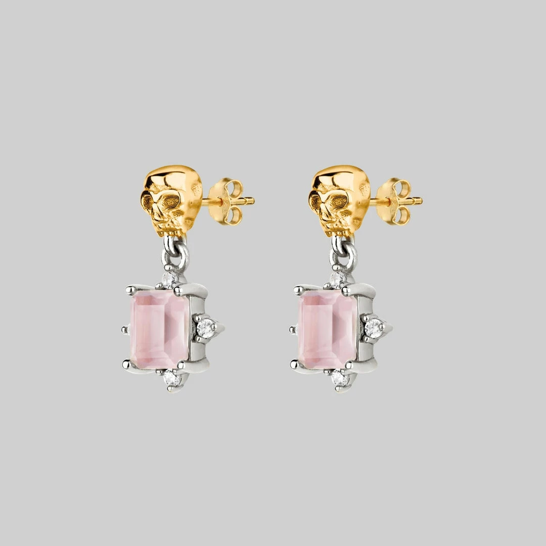 VALENTINES 2022 STAR CROSSED LOVERS. Rose Quartz & Skull Earrings - Silver 2 VALENTINES 2022 STAR CROSSED LOVERS. Rose Quartz & Skull Earrings - Silver