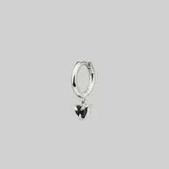 CLASSICS HEART & SOUL. Black Spinel Dangly Heart Hoop Earrings - Silver
