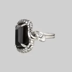 BLACK FRIDAY 2021 MALICE. Black Spinel Coiled Snake Cocktail Ring - Silver