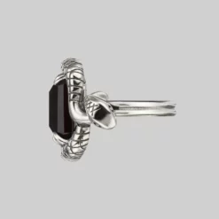 BLACK FRIDAY 2021 MALICE. Black Spinel Coiled Snake Cocktail Ring - Silver