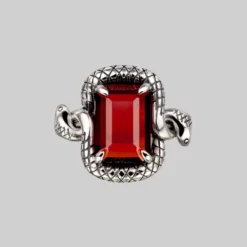 BLACK FRIDAY 2021 MALICE. Garnet CZ Coiled Snake Cocktail Ring - Silver Rings