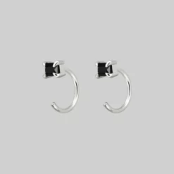 CLASSICS Rectangle Black Spinel Huggie Hoop Earrings - Silver