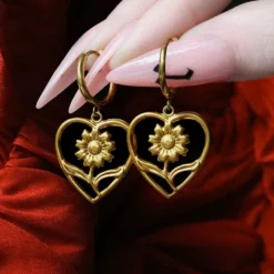 End Of Line JUNE. Sunflower Heart Hoop Earrings - Silver