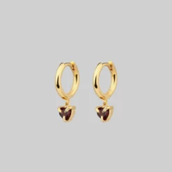 CLASSICS HEART & SOUL. Garnet Dangly Heart Hoop Earrings - Gold