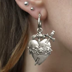 CLASSICS INFERNO. Sacred Heart Hoop Earrings - Silver