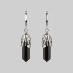 CLASSICS DEATH BLOOM. Black Agate Gemstone Earrings - Silver
