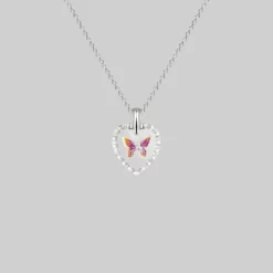 CLASSICS NEW DAWN. Butterfly Engraved Glass Heart Necklace - Silver Necklaces & Chains