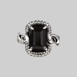 BLACK FRIDAY 2021 MALICE. Black Spinel Coiled Snake Cocktail Ring - Silver