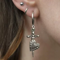 CLASSICS FORBIDDEN. Heart Dagger Hoop Earrings - Silver