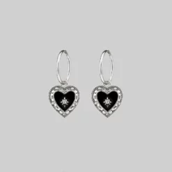 CLASSICS SOLEMN. Black Enamel Heart Hoop Earrings - Silver
