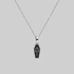 End Of Line MORALITY. Tiny Skeleton Coffin Silver Necklace