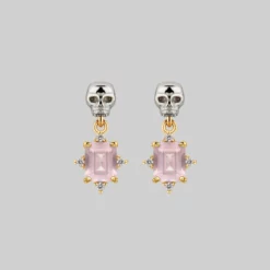 VALENTINES 2022 STAR CROSSED LOVERS. Rose Quartz & Skull Earrings - Gold