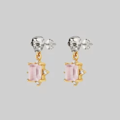 VALENTINES 2022 STAR CROSSED LOVERS. Rose Quartz & Skull Earrings - Gold