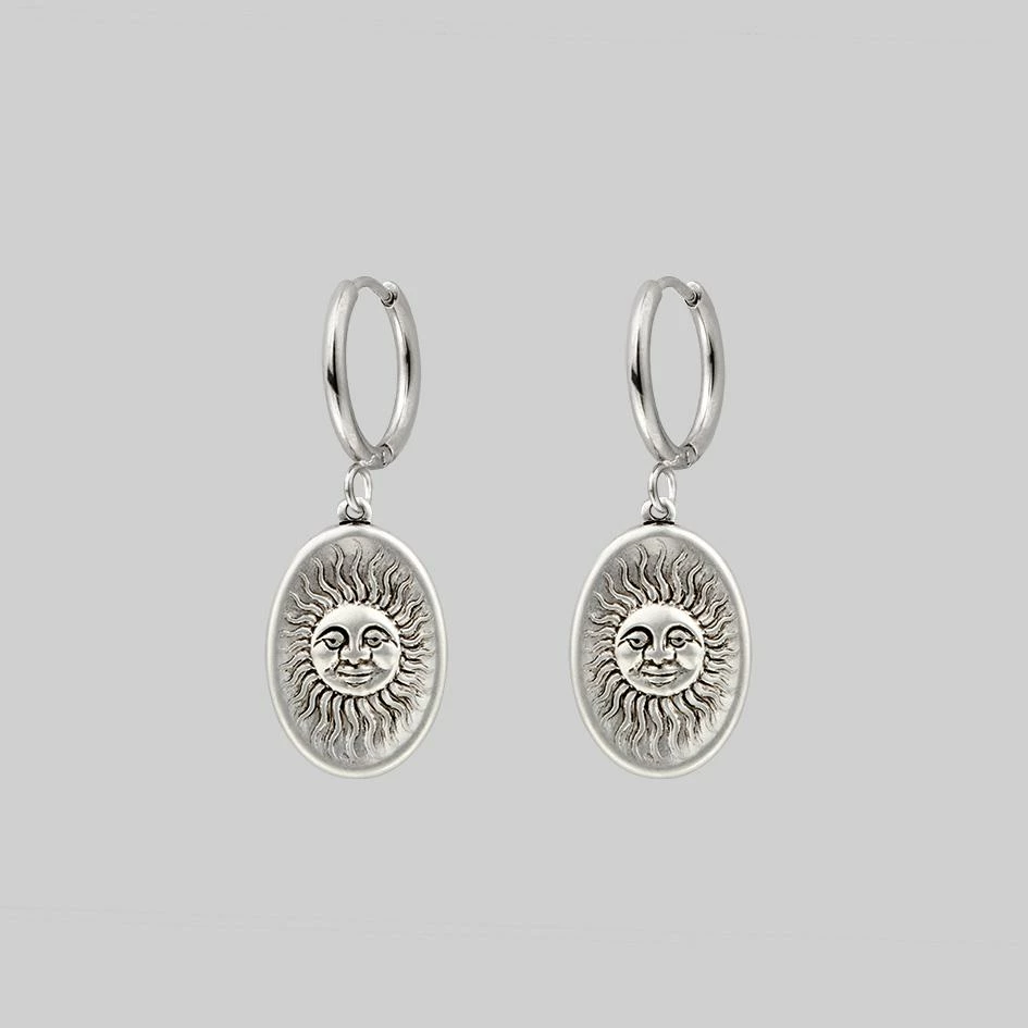 CLASSICS DAWN. Symbolic Sun Face Hoop Earrings - Silver 1 CLASSICS DAWN. Symbolic Sun Face Hoop Earrings - Silver
