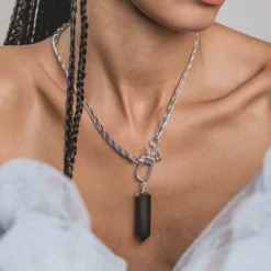 End Of Line SCARLET. Black Agate Pendant & Fob Clasp Necklace - Silver Necklaces & Chains