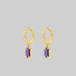 CLASSICS NYMPH. Dangly Amethyst Rectangle Hoop Earrings - Gold 11 CLASSICS NYMPH. Dangly Amethyst Rectangle Hoop Earrings - Gold