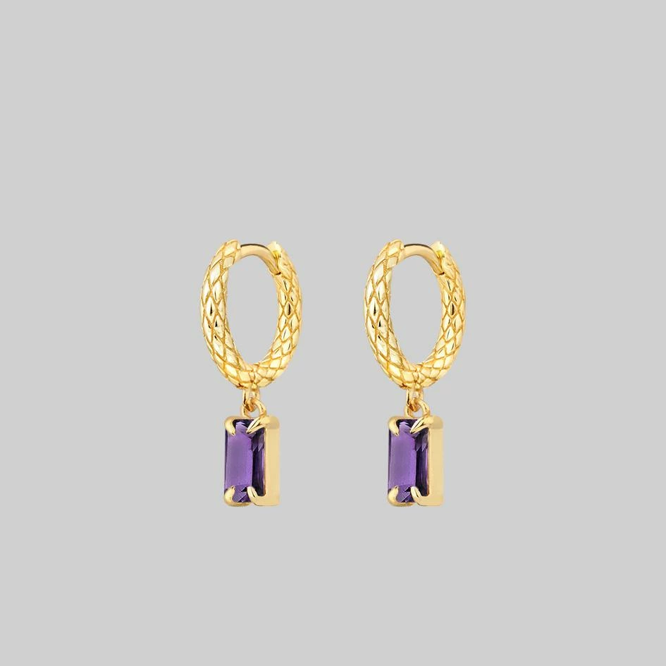 CLASSICS NYMPH. Dangly Amethyst Rectangle Hoop Earrings - Gold 4 CLASSICS NYMPH. Dangly Amethyst Rectangle Hoop Earrings - Gold