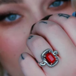 BLACK FRIDAY 2021 MALICE. Garnet CZ Coiled Snake Cocktail Ring - Silver Rings