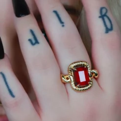 BLACK FRIDAY 2021 MALICE. Garnet CZ Coiled Snake Cocktail Ring - Gold Rings